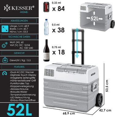 KESSER® Холодильник-морозильник компресорний 52 л з APP-керуванням, USB, 12/24/230V, телескопічна стійка, 2 колеса, охолодження до -20°C для авто, вантажівки, човна