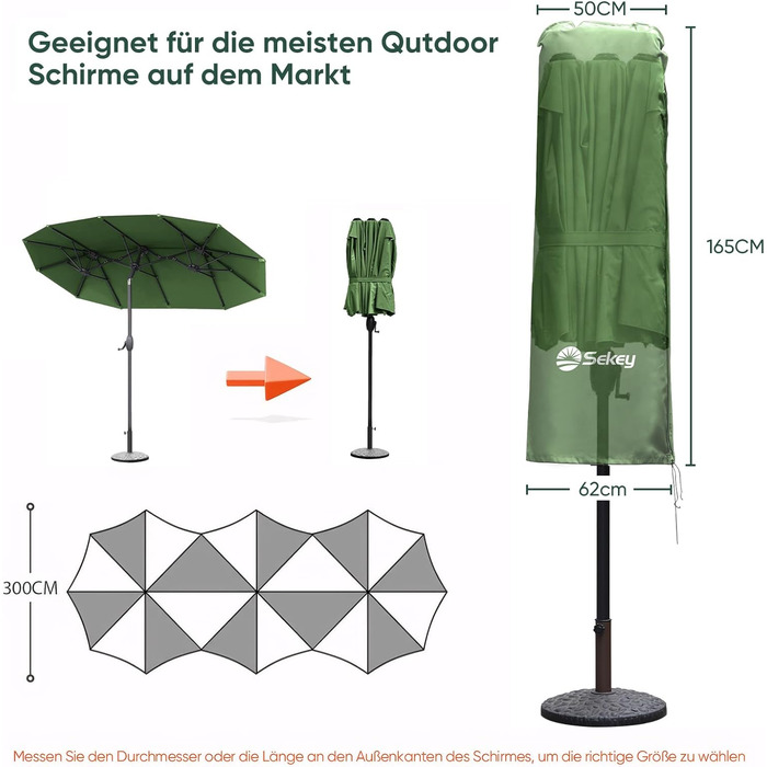 Чохол для парасольки 300 см Sekey Premium | Водонепроникний, UV 50+, з монтажним стержнем та блискавкою (175×30,5/36,5 см, м'ятний)
