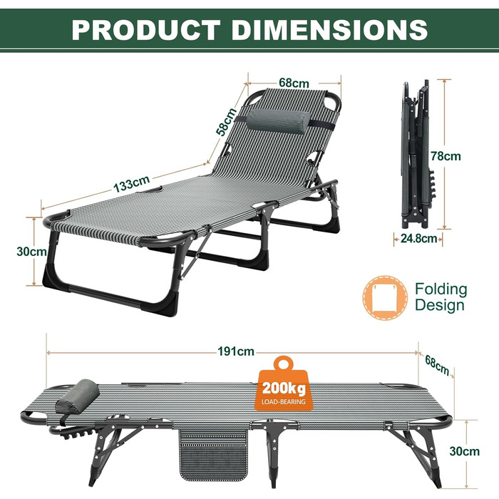 Складаний лежак для саду, 200 кг, з матрацом та підголівником, блакитний. Лежак для балкону, саду, кемпінгу.
