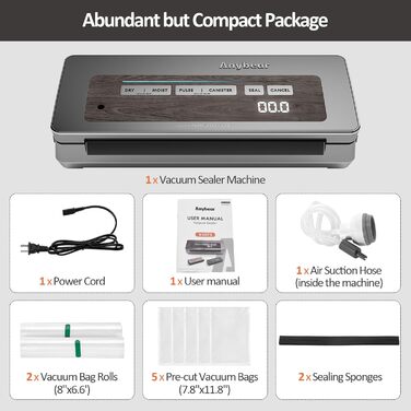 Вакууматор для продуктів з вбудованим різаком, 100 Вт, 90 кПа, цифровий таймер та відсіком для пакетів, сірий