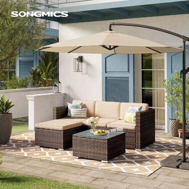 Садовий набір меблів SONGMICS для балкона та тераси з ротангу PE, кутовий диван, лаунж-сет з подушками та скляним столом (коричневий + бежевий)