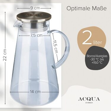 Скляна карафа ACQUA DI AMALFI® 2 літри з нержавіючою сталлю/бамбуком, для води та фруктів, витоки неможливі, також як чайник (Blue/Steel)