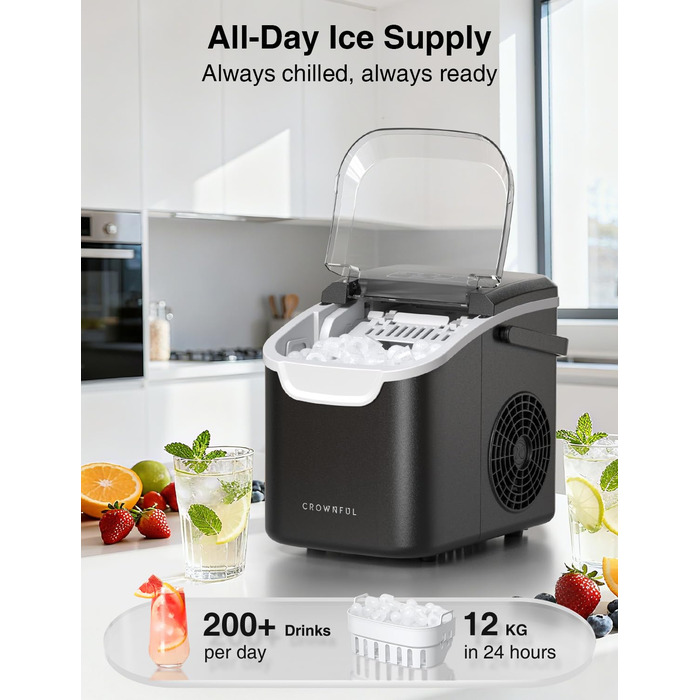 Crownful Машина для льоду портативна (Чорна) - Швидке виробництво льоду для дому та офісу
