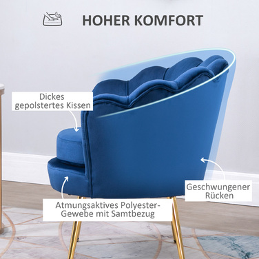 Крісло HOMCOM, крісло-шезлонг у формі мушлі з металевими ніжками, крісло для макіяжу з оксамитовою обшивкою, для спальні та вітальні, блакитне | Aosom