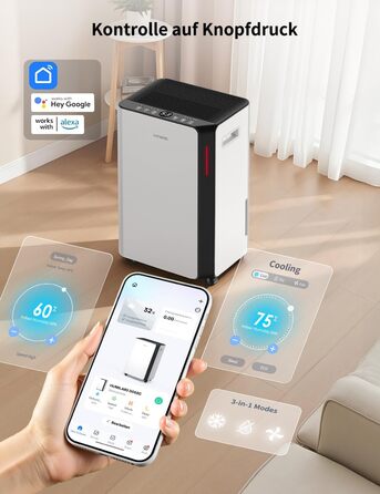 Електричний осушувач повітря HUMILABS 20L з Wi-Fi, для приміщень до 60 м², з гофрованим шлангом, резервуар 4,5л, 3 режими, таймер 24г, білий