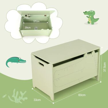 Дерев'яна іграшкова скриня DREAMADE, 60x33x37,5 см, стільчик для дитини, ящик для іграшок з кришкою, дитяча скриня, органайзер для дитячої кімнати (зелений)