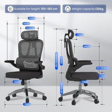 Крісло офісне ергономічне FLEXISPOT з 2D-підголівником, відкидними підлокітниками та динамічною поперековою підтримкою, з функцією гойдання 120°, для дому, офісу та робочого кабінету (чорне), 51 x 73 x 115 см