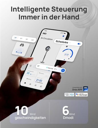 Вентилятор Dreo з інтелектуальним керуванням, 101.6-111.8 см, регульована висота, тихий DC вентилятор для спальні, 120°+85° осциляція, 30.5 м³/хв, срібний