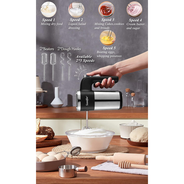 Ручний міксер Sonifer 500W з нержавіючої сталі, 5 швидкостей + турбо, 2 гачки для тіста, 2 вінчики, миється в посудомийній машині