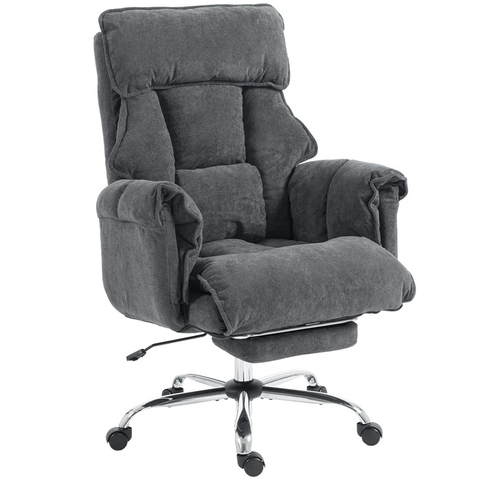 Офісний крісло з регулюванням висоти, поворотне з підтримкою попереку, підставкою для ніг, обтягнуте штучним хутром (штучним овчім), розміром 80 x 80 x 106-114 см, темно-сірого кольору.