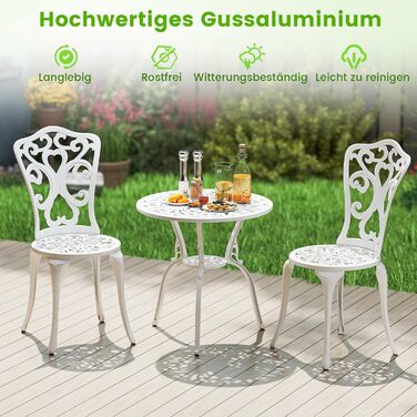 Бistroset COSTWAY: стіл з 2 стільцями, отвір для парасольки, садові меблі з алюмінію та чавуну, білий (Blume)