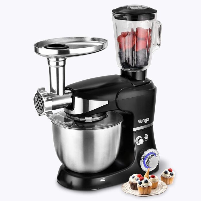 Кухонна машина Venga VG M 3014 з чашею 5 л з нержавіючої сталі, 1000 Вт, 4 насадки, рецепти, чорний колір