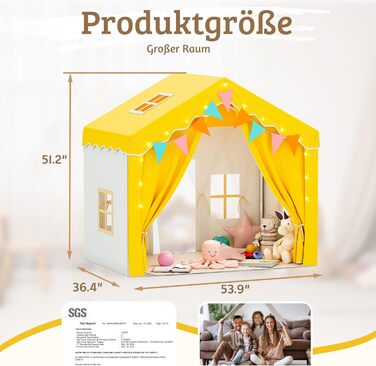 Дитяче намет-будиночок EROMMY 2-в-1 з килимком, прапорцями та світлодіодними смугами, з двома дверцятами, з даховим віконцем, для дому, від 3 років (Жовтий)
