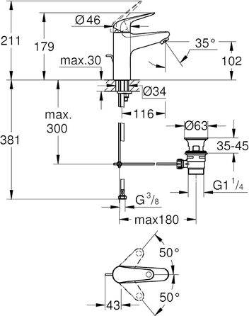 Змішувач для ванної кімнати Grohe Swift, водозберігаючий, з витяжною системою, хром, 18 см, з інструментом 3в1
