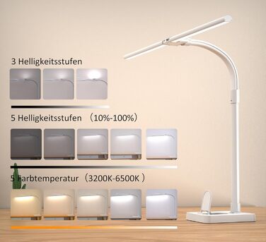 LED настільна лампа LOTTBUTY з диммуванням, 24W, 80см, для офісу та дому, з гнушим шийкою та тримачем для телефону (біла)