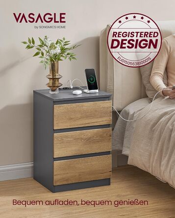 Приліжкові тумбочки VASAGLE Kailyn (2 шт.) з розетками, 3 шухляди, сірий + коричневий, LET831G01