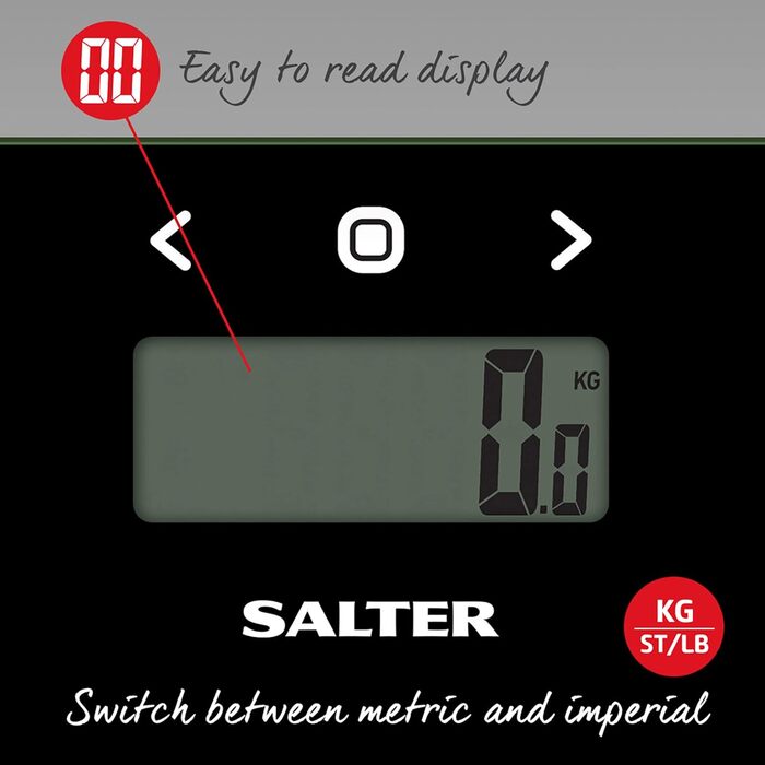 Ваги Salter 9158 SV3R з ультратонкого скла, макс. 180 кг, цифрові ваги для ванної кімнати вимірюють вагу, жир в організмі/воду, ІМТ, 8 користувачів, режим спортсмена, батареї в комплекті (чорні)