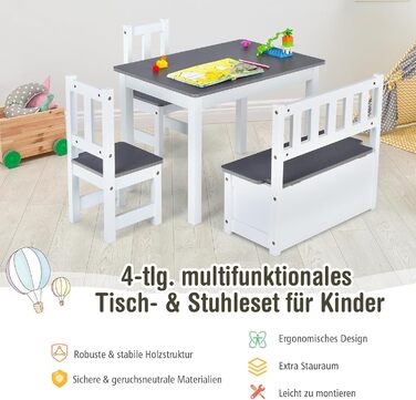 Дитяча меблева група COSTWAY з місцем для зберігання: стіл для малювання та 2 стільці, лавка, FSC-сертифіковане дерево, для дітей від 3 років (сірий)