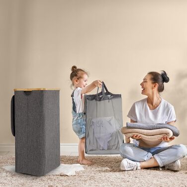 Кошик для білизни Rieeyrslza з кришкою, 158 л, бамбук, 2 мішки, Oxford, складний, сортувальник, для ковдр та одягу (сірий)