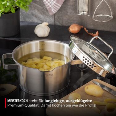 Каструля Meisterkoch з нержавіючої сталі 16 см Ø | з виливом, внутрішньою шкалою та ізольованою ручкою | 1 скляна кришка з дрібним та великим ситом | Кухонне приладдя, нержавіюча сталь, індукційне дно (20 см)