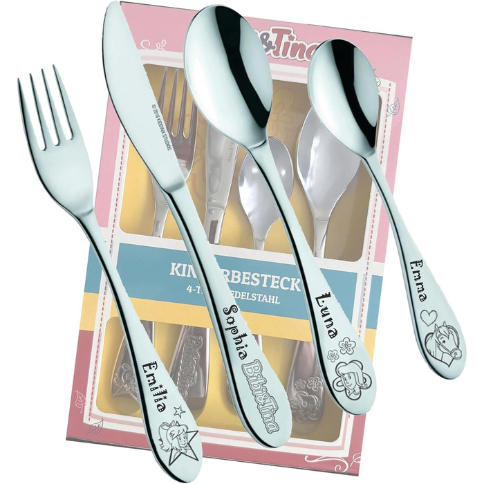 Набір дитячого посуду Kinderbesteck Set від GEDA LABELS (Bibi & Tina) з гравіюванням - персоналізований посуд з ім'ям або датою