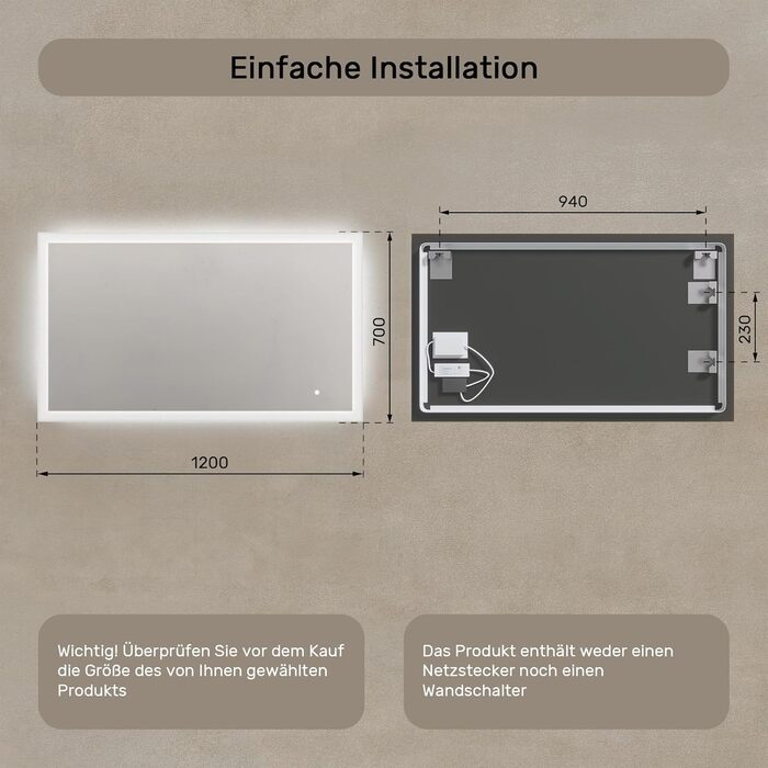 Дзеркало для ванної кімнати з підсвічуванням FORAM - LED дзеркало 120x70 см - Без рамки - Сучасний дизайн - Індивідуальне замовлення