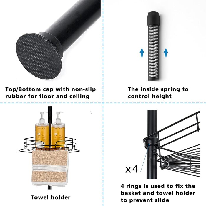 Телескопічна душова полиця DAMAI без свердління Душова полиця з нержавіючої сталі Кутова полиця з нержавіючої сталі Полиця для ванної кімнати Полиця для ванної кімнати з 4 кошиками для ванни та ванної кімнати Нержавіюча 73-266 см (чорна)