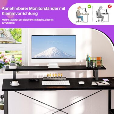 Кутовий ігровий стіл з LED-підсвічуванням та розетками, комп'ютерний стіл з полицями, обертовий кутовий стіл з підставкою для монітора, 120 x 70 см, ДСП, колір: сіра береза (карбон, чорний)