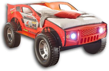 Автомобільне ліжко JEEP зі світлодіодним освітленням 90 x 200 см - Захоплююче та високе автомобільне ліжечко для позашляховика для маленьких гонщиків у - 127 x 96 x 219 см (W/H/D) (червоний)