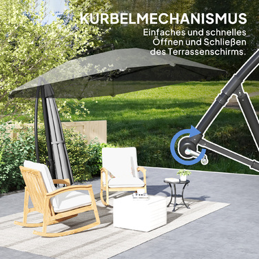 Парасолька Outsunny Centilever Alu Ø 260 см Парасолька, водонепроникна Кривошипна парасолька з підставкою, кривошипом, захистом від вітру, поворотна Ринкова парасолька похила Садова парасолька Захист від сонця для балкона Сад Патіо Темно-сірий