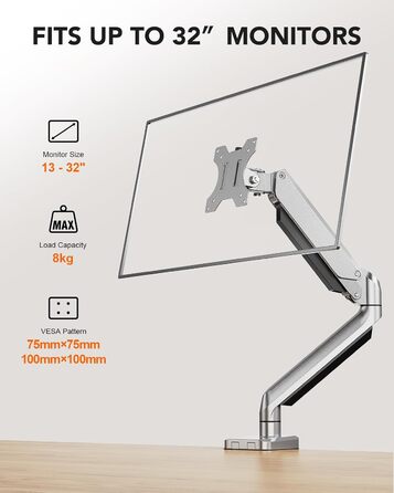 Кріплення для монітора ErGear: регульована підставка для моніторів 13-32 дюймів, газ-пружина, VESA 75/100mm, срібло
