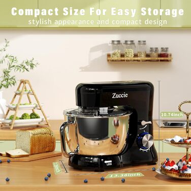 Кухонна машина Zuccie з тихою роботою, 5л чаша з нержавіючої сталі, 3 насадки, сплітц-захист, скребок для тіста та роздільник яєць, 8+P швидкості, для приготування тіста (білий/чорний)