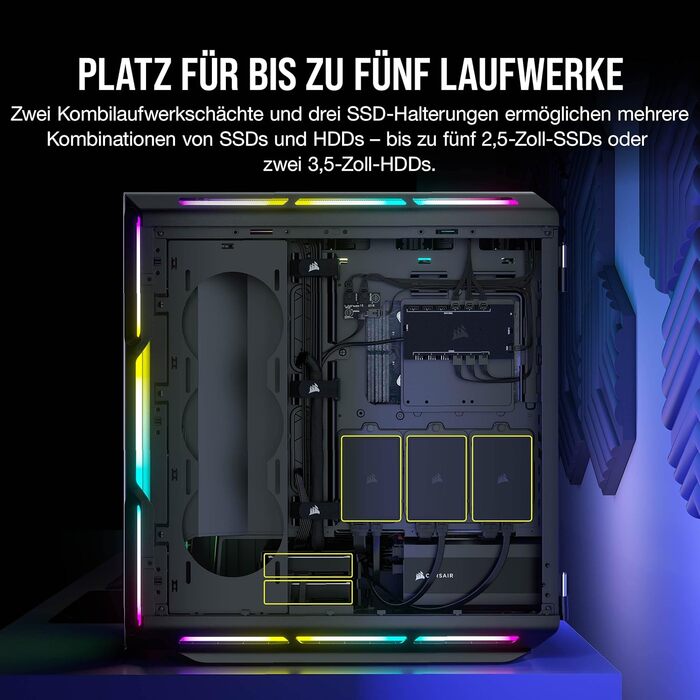 Корпус для ПК Corsair iCUE 5000T RGB, середній ATX, 208 адресованих RGB-LED, підтримка кількох 360-мм радіаторів, 3 вентилятори LL120 RGB, контролер COMMANDER CORE XT, чорний
