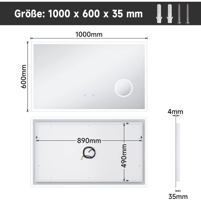 Дзеркало для ванної кімнати SONNI з підсвічуванням 80x60 см, 3 кольори світла, проти запотівання, LED, сенсорне управління, годинник, температура, 3x збільшення