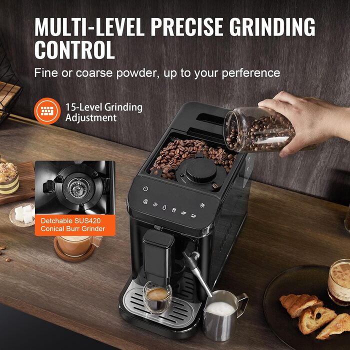 Автоматична кавомашина VEVOR CM9002EA-GS з вбудованою кавомолкою, 15 ступенів помолу, 1,5 л резервуар для води, 180 г контейнер для кавових зерен
