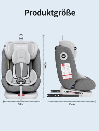 Автокрісло Fourward Baby 360° - ISOFIX, 9-36 кг, Група 0+1/2/3, 5-точкові ремені, сірий колір