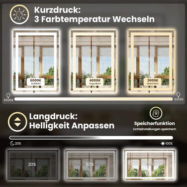 LED дзеркало для ванної кімнати 60x80 см з підсвічуванням, сенсорне, регульоване, 3 кольори світла, антизапар, IP44, вертикальна/горизонтальна установка