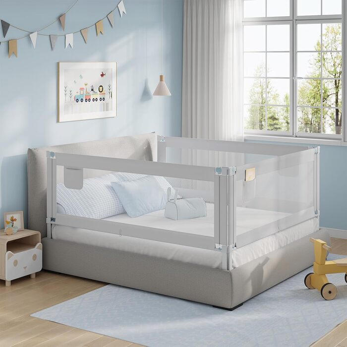 Бортик для ліжка WOLTU 150 см, захисний бортик для дітей та немовлят, регульована висота 69-87 см, тканина Оксфорд, металевий каркас, світло-сірий