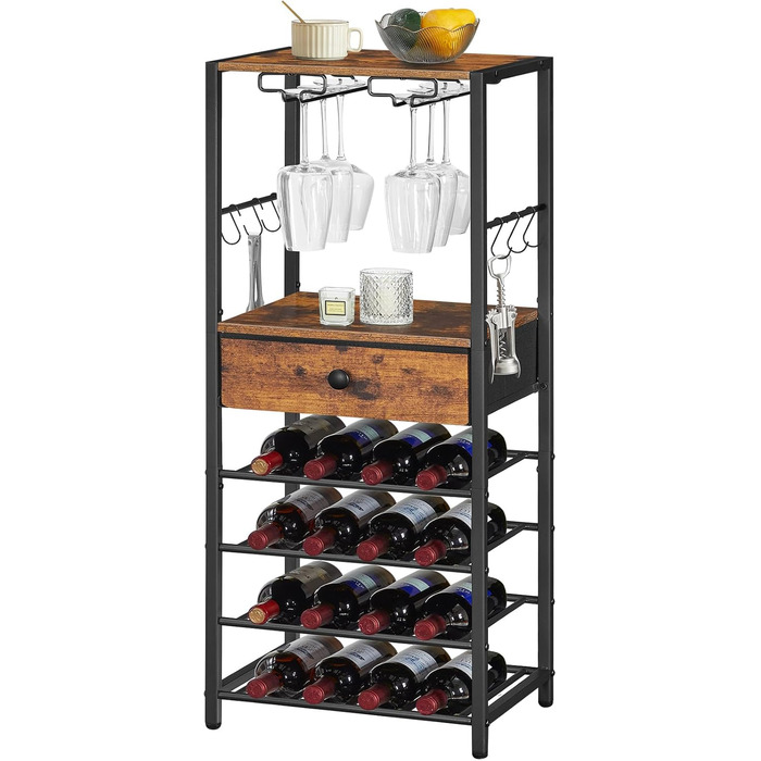 Стильна полиця для вина HOOBRO на 16 пляшок з 6 ярусами, з шухлядою, органайзер для вин, дерев'яний винний стенд, 40 x 30 x 102 см, вінтажний колір