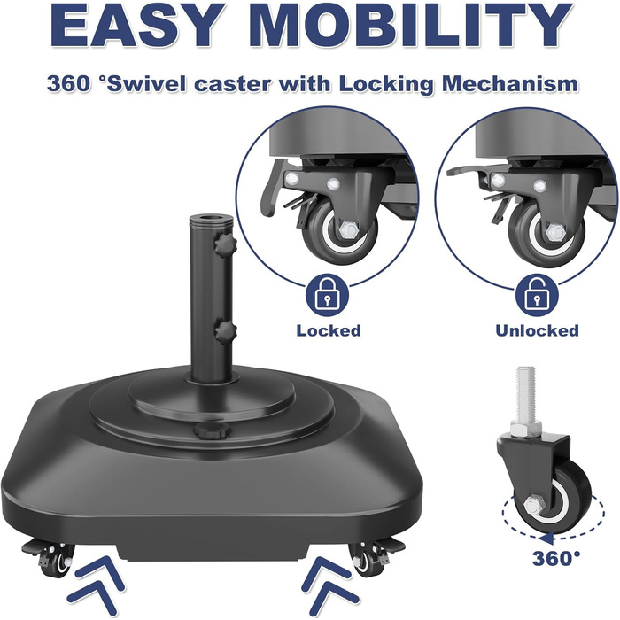 Підставка для парасольки на терасу, міцна, на колесах, до 45,4 кг, заповнювана, мобільна, квадратна, вітростійка, для деку, басейну, газону, чорна