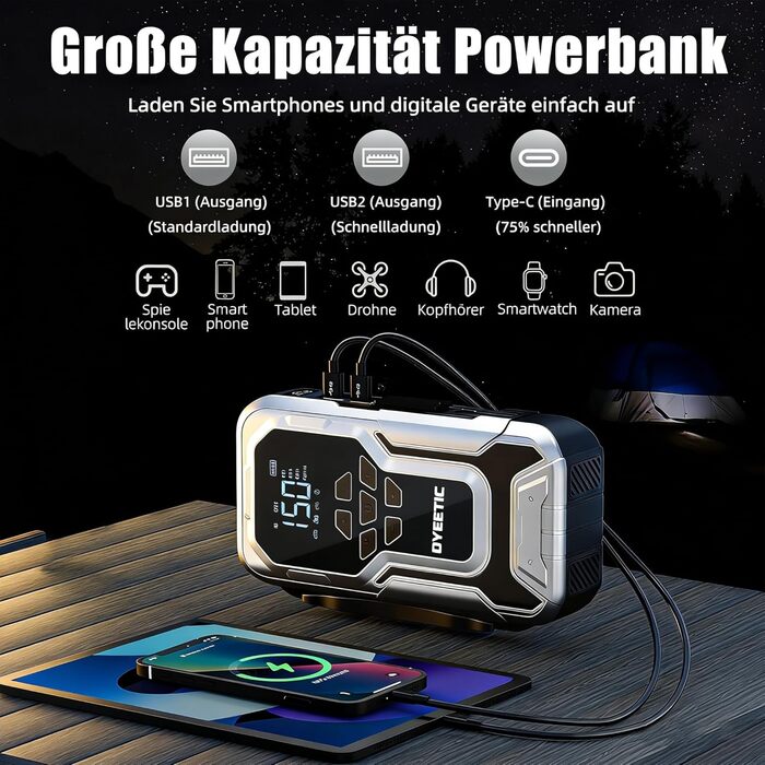Powerbank Starthilfe 6000A з компресором 150PSI: портативний пусковий пристрій для авто та мото (бензин, дизель до 10.0L) з LED-ліхтариком QC3.0, срібний