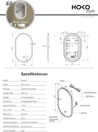 Дзеркало для ванної кімнати HOKO круглої форми 80 см з підсвічуванням, антизапарюванням, рамкою, сенсорним вимикачем, функцією пам'яті та регулюванням кольору світла (2700-6500K) - тепле, холодне, нейтральне світло (75 x 45 см, золотий овал)