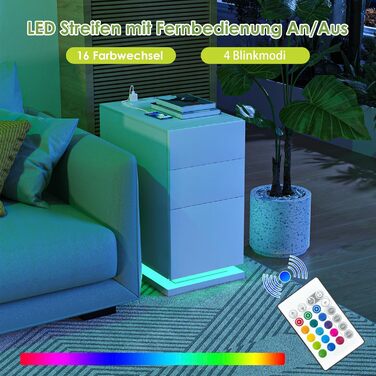 Вузька приліжкова тумба Lvhecforhm з LED підсвіткою, біла, з розеткою і USB, 16 режимів підсвічування, 50x30x63 см, для спальні та вітальні, глянцева