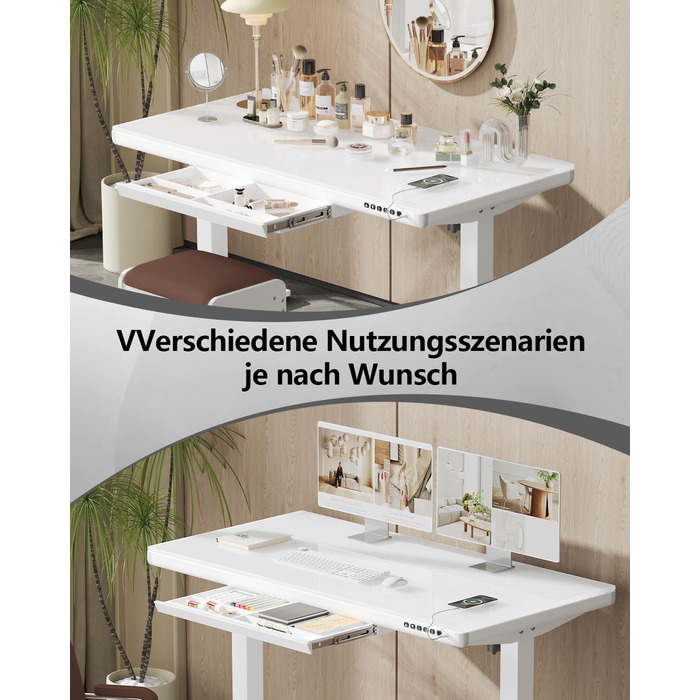 Електричний письмовий стіл Homall зі скляною стільницею, 140x70 см, з регулюванням висоти та шухлядою, білий, для дому та офісу