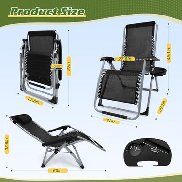Розкладне шезлонґ для саду та басейну, широке крісло для відпочинку 72 см, з подушкою, чорний, витримує до 200 кг