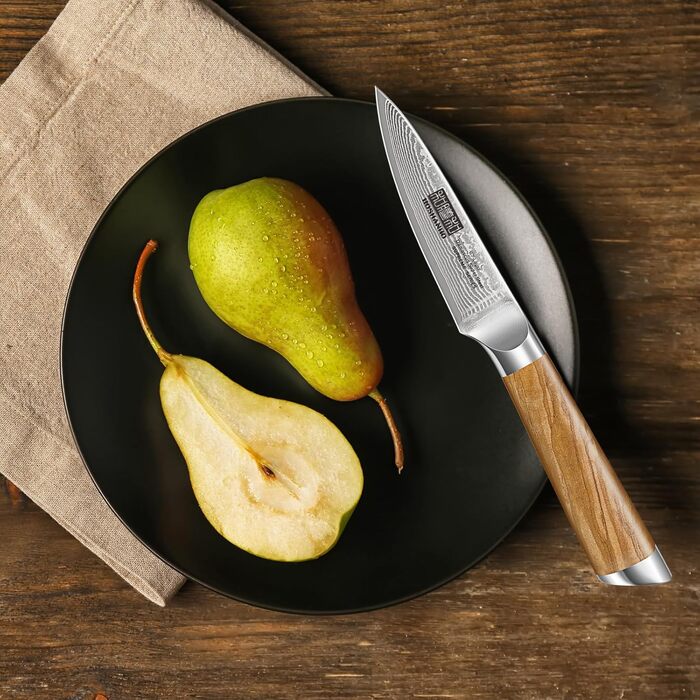 Японський ніж HOSHANHO з дамаської сталі 20 см, 67 шарів, кухонний ніж для приготування їжі, гострий, з ергономічною ручкою оливкового кольору (9.5 см), ніж для очищення