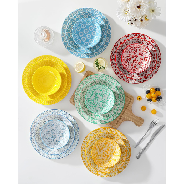 Набір посуду Vancasso Selene для 6 осіб, 24 елементи: тарілки, супові тарілки, миски, десертні тарілки. Пастельне порцелянове покриття, підходить для мікрохвильової печі.