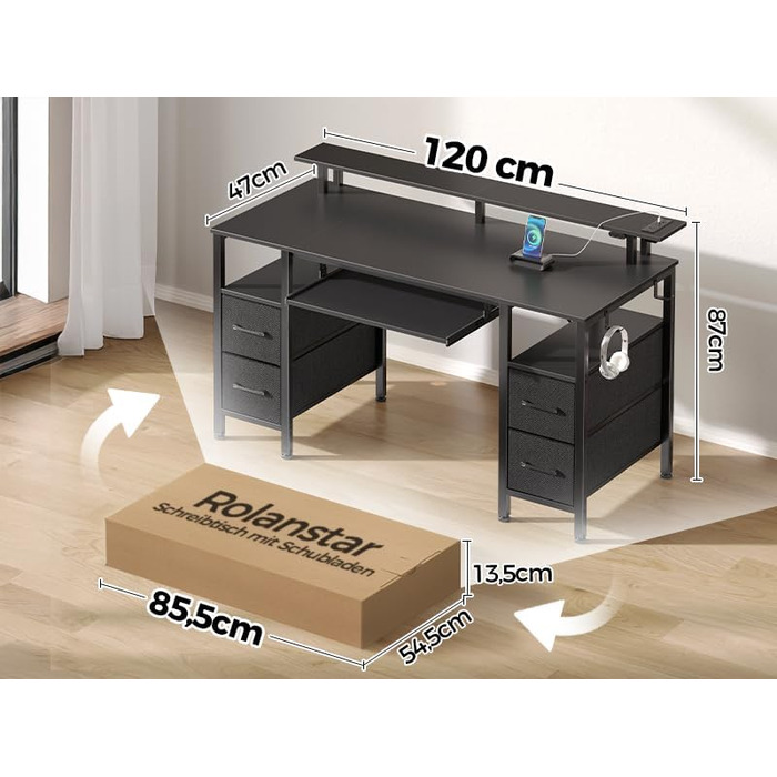 Комп'ютерний стіл Rolanstar з ящиками, 120x47 см, ігровий стіл з розеткою, LED-підсвітка та підставка для монітора, стіл для дому, офісу, вітальні, білий (чорний)