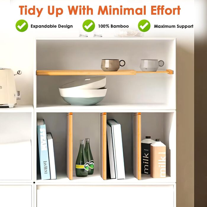 Органайзери для шухляд MUUKAIII: набір 6 шт. з бамбука, регульовані (43-56 см), для кухні та шафи - білий (натуральний)