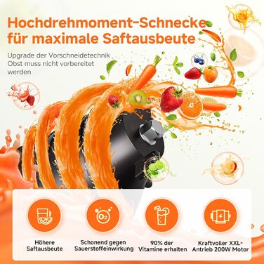 AOBOSI Повільнодіючий соковитискач з великою завантажувальною воронкою 135 мм, 200 Вт, холодний віджим, зворотний хід, потрійний фільтр, BPA-free, тихий, для свіжих соків з фруктів та овочів, чорний